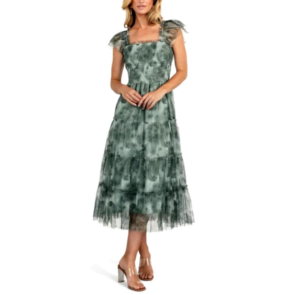 Baltic Born Clementine Tulle Midi Dress Dusty Green Print Size L